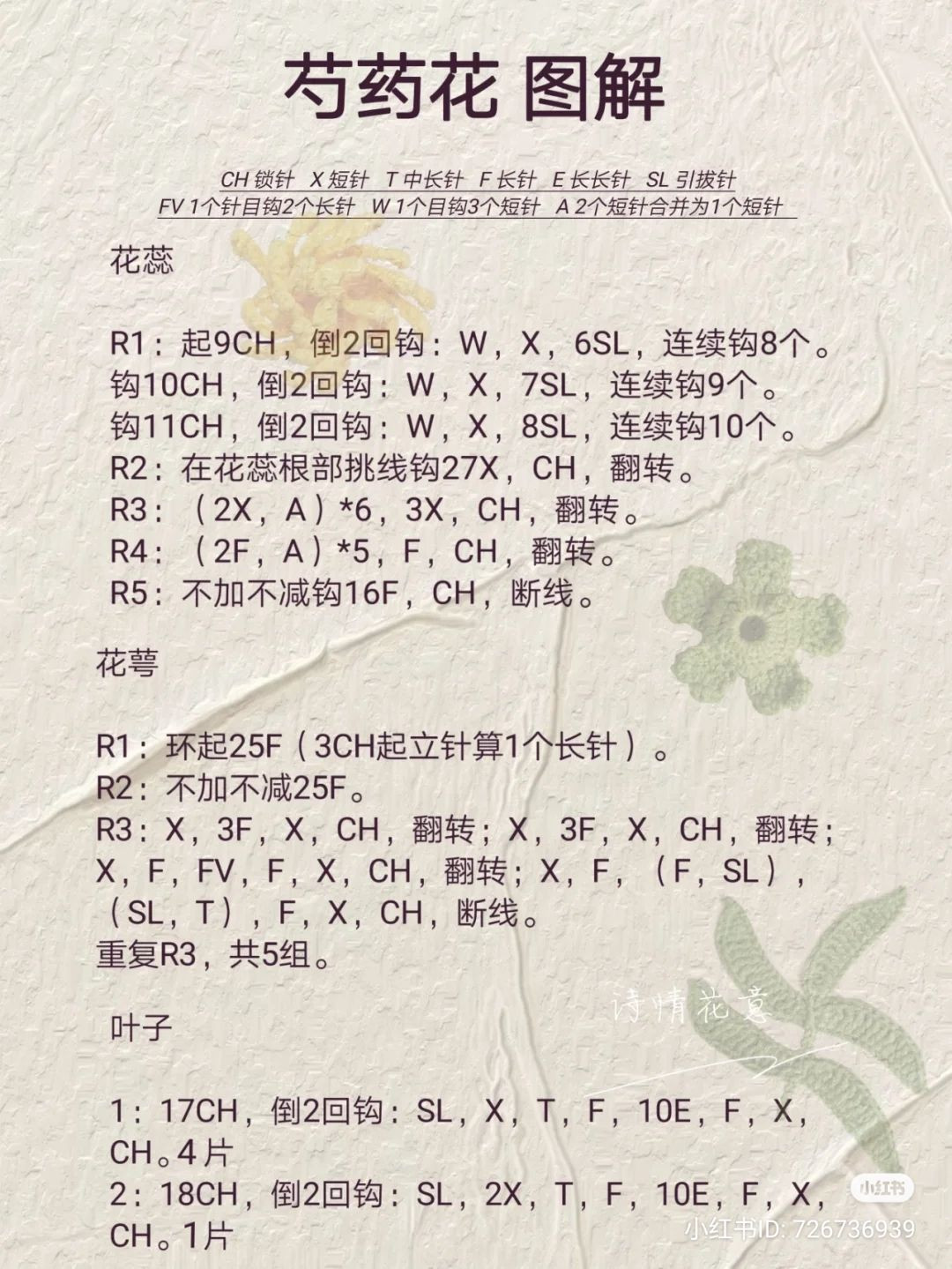 Crochet Peony Flower Pattern Chart with Red Petals and Yellow Center