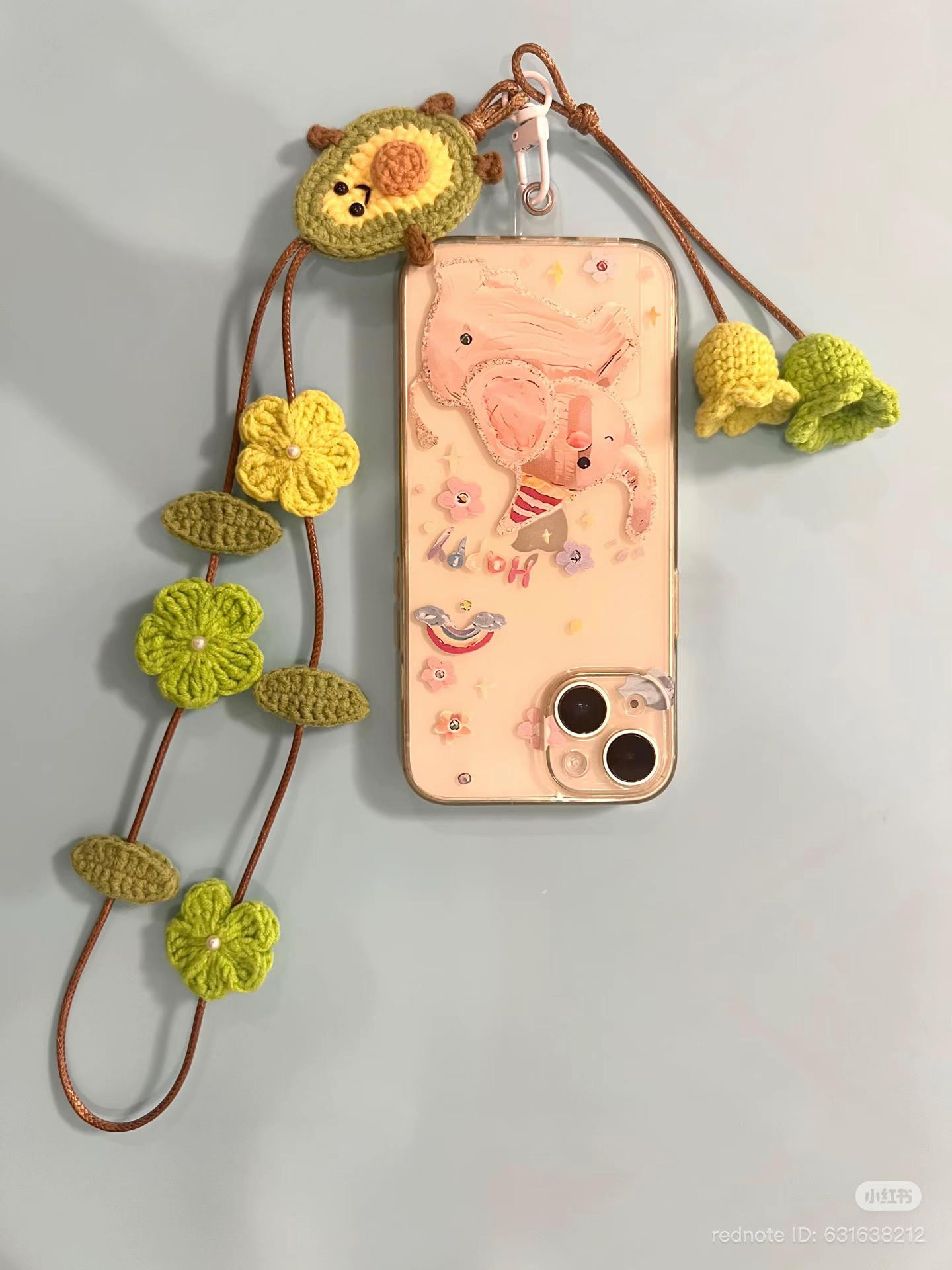 Crochet Phone Strap Pattern with Sunflower, Avocado and Mushroom