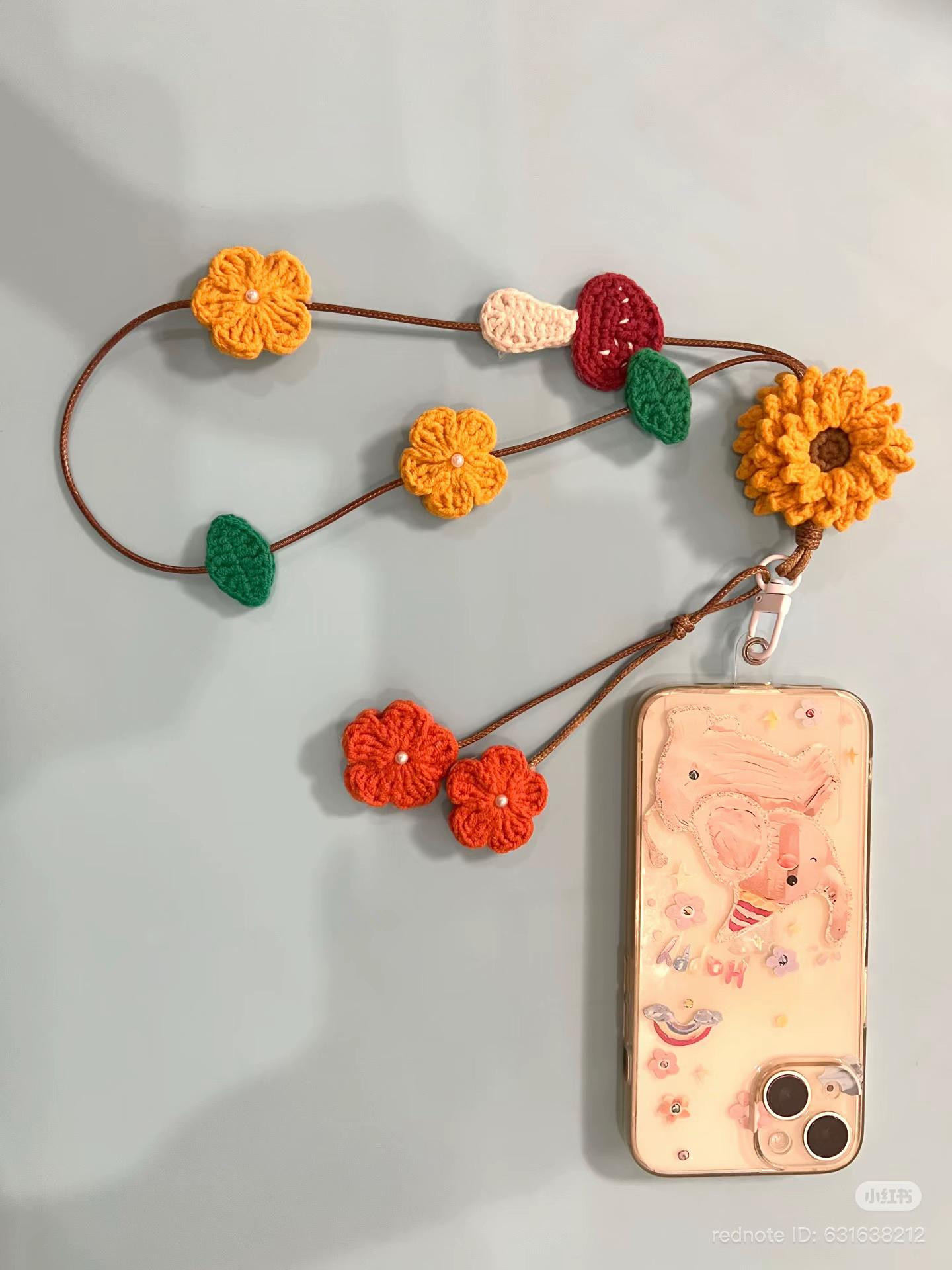 Crochet Phone Strap Pattern with Sunflower, Avocado and Mushroom