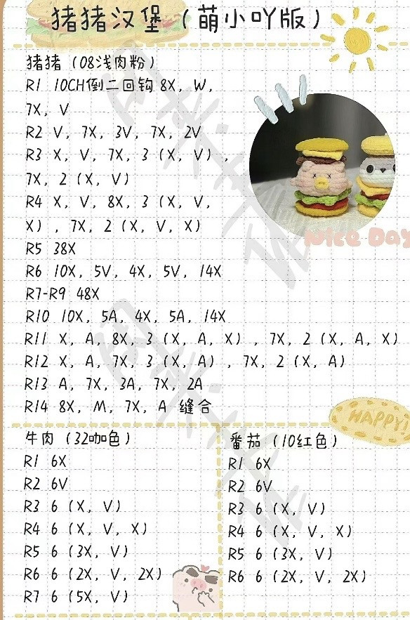 Crochet Pig Hamburger Amigurumi Chart Pattern