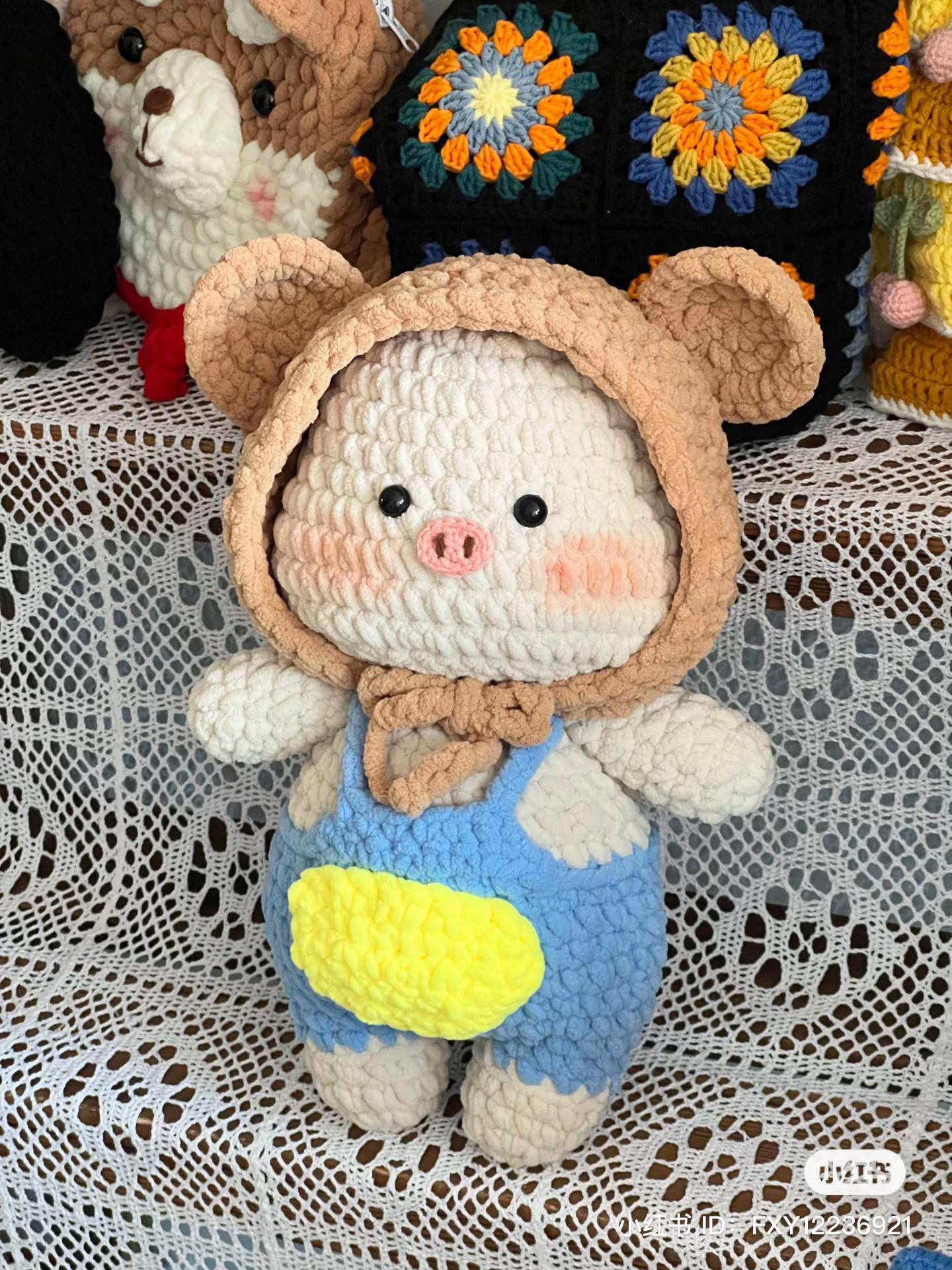 Crochet Piglet Amigurumi Pattern: Cute Pig Doll in Blue Overalls with Hoodie Chart