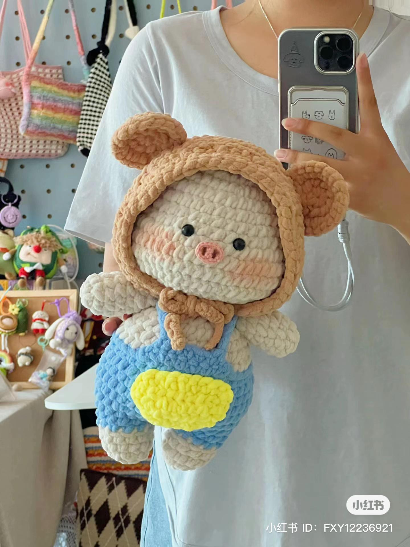 Crochet Piglet Amigurumi Pattern: Cute Pig Doll in Blue Overalls with Hoodie Chart