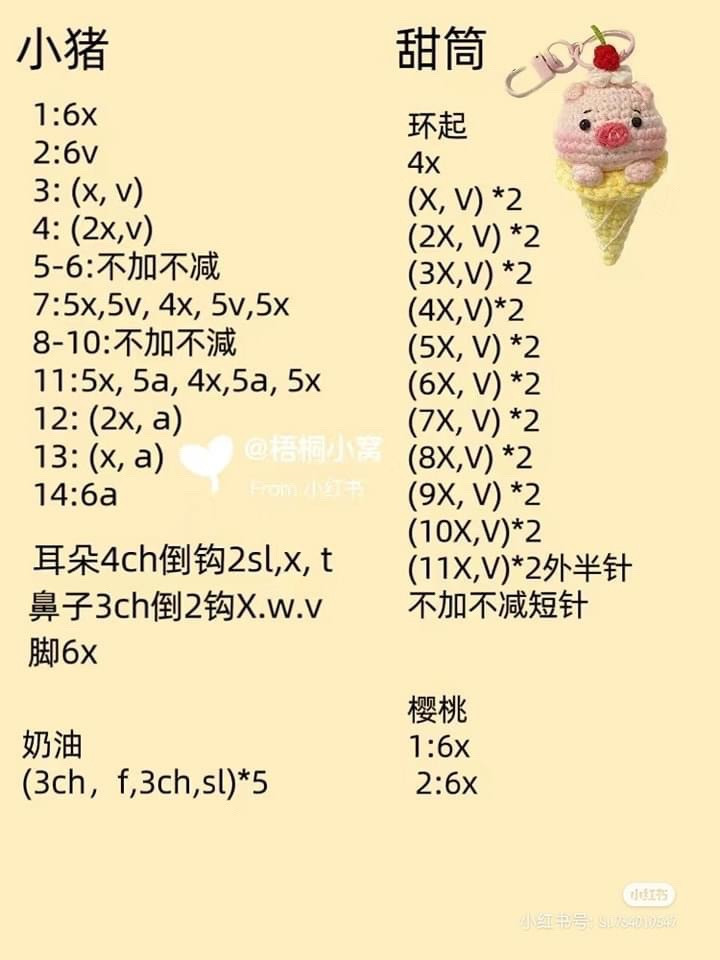 Crochet Piglet Ice Cream Cone Keychain Amigurumi Pattern Chart