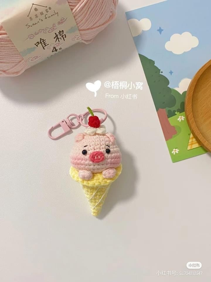 Crochet Piglet Ice Cream Cone Keychain Amigurumi Pattern Chart