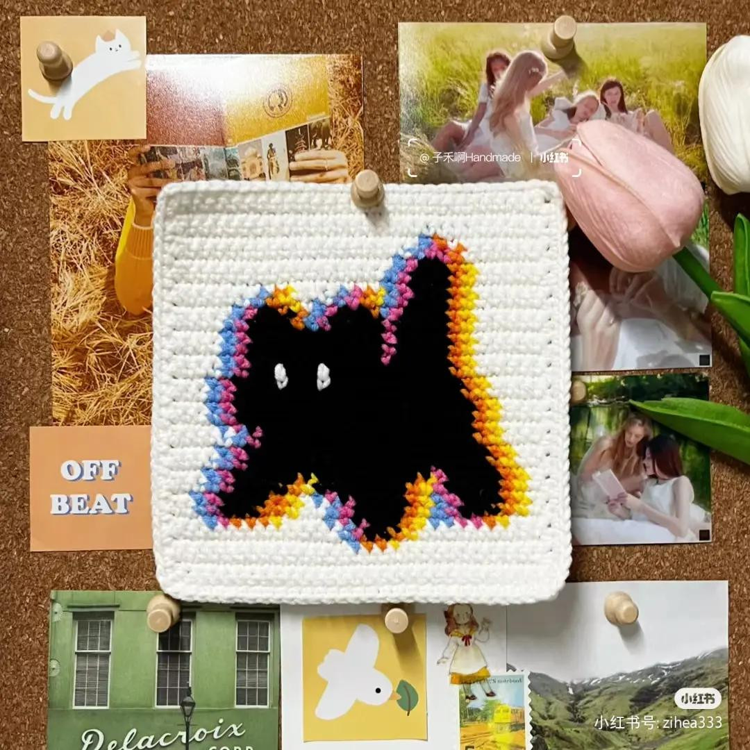 Crochet Pixel Chart Pattern for Cute Black Cat with Rainbow Border