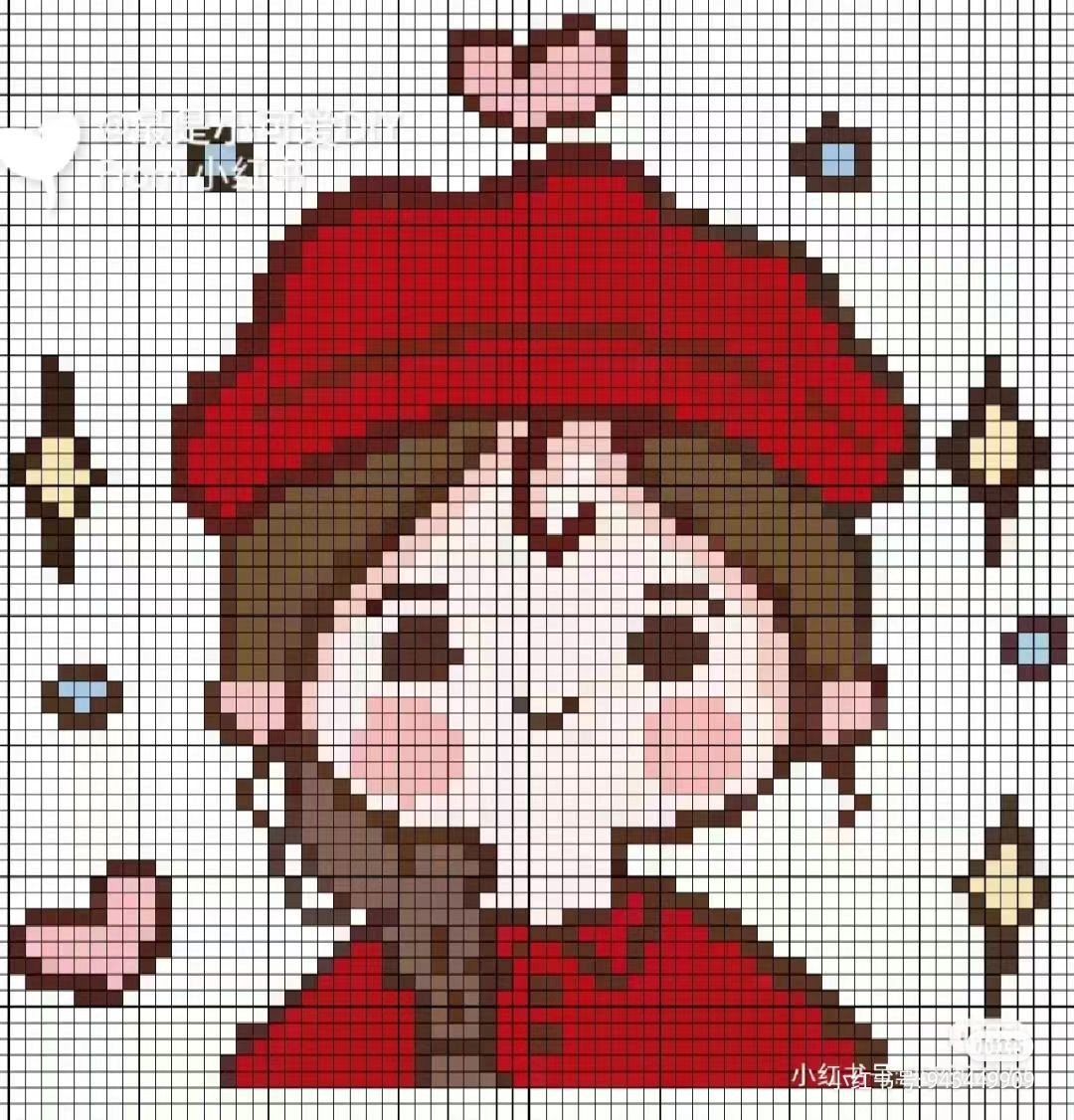 Crochet Pixel Chart Pattern for Cute Girl with Red Beret Tote Bag Design