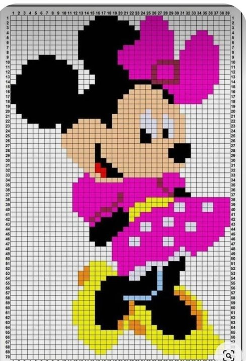 Crochet Pixel Charts for Minnie Mouse, Mickey Mouse, Mario, and Unicorn
