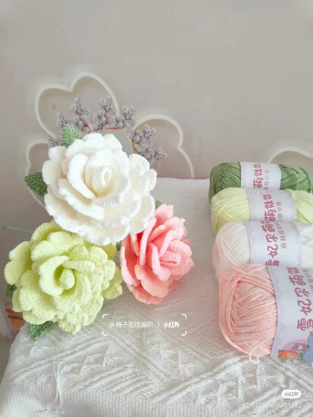 Crochet Porcelain Button Rose Pattern Chart with Petals, Calyx and Leaves Instructions