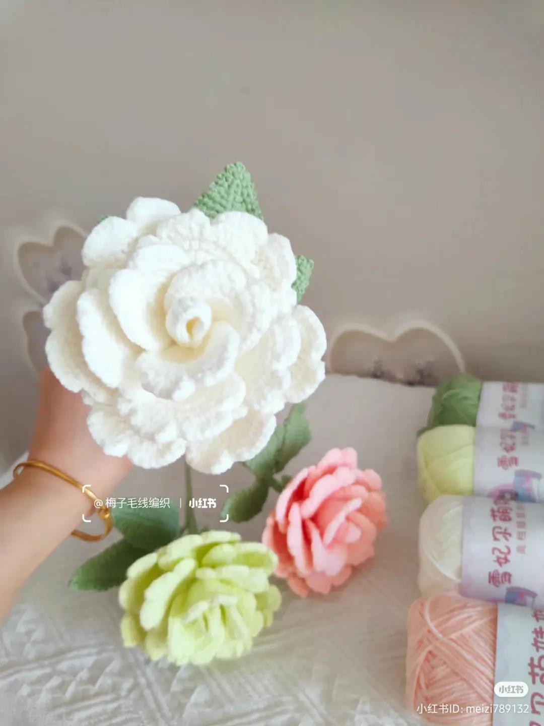 Crochet Porcelain Button Rose Pattern Chart with Petals, Calyx and Leaves Instructions