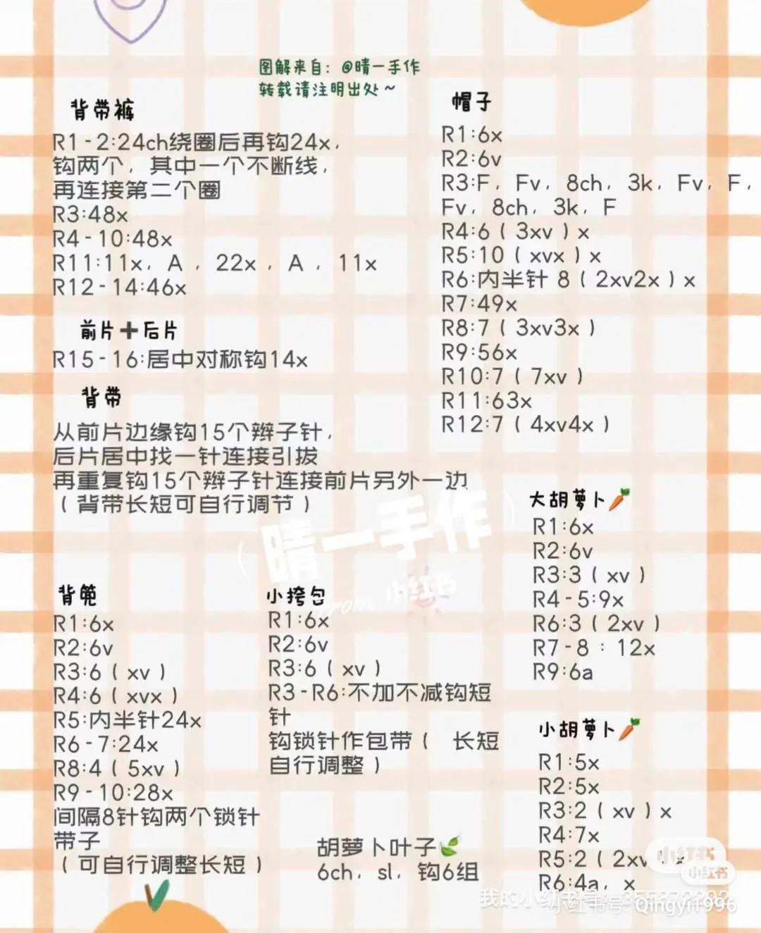 Crochet Rabbit Amigurumi Doll Chart with Dress and Overalls Pattern