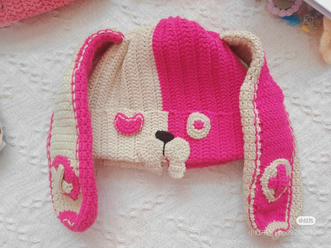 Crochet Rabbit Ears Hat Chart - Rose Red and Beige