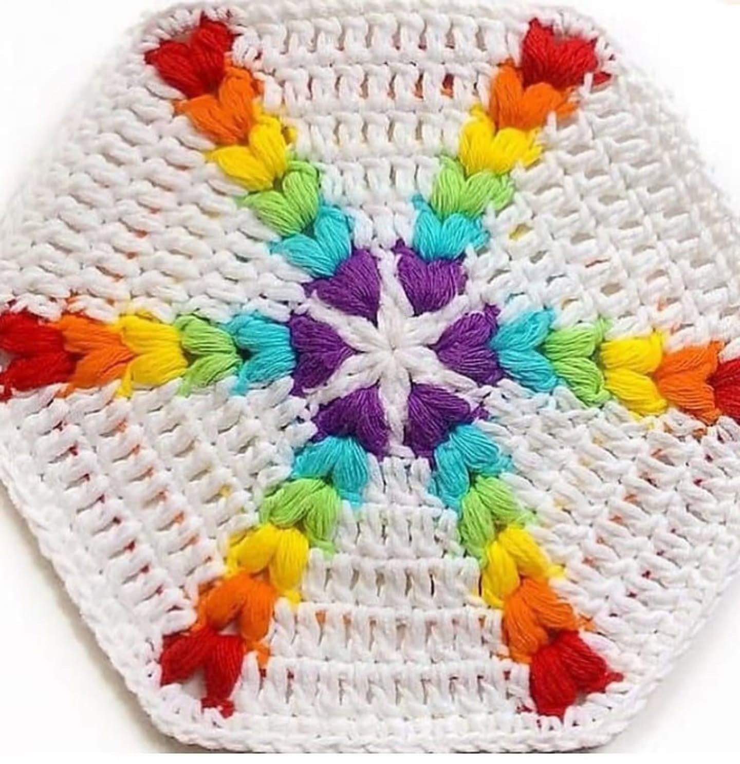 Crochet Rainbow Hexagon Motif with Detailed Flat Chart Pattern