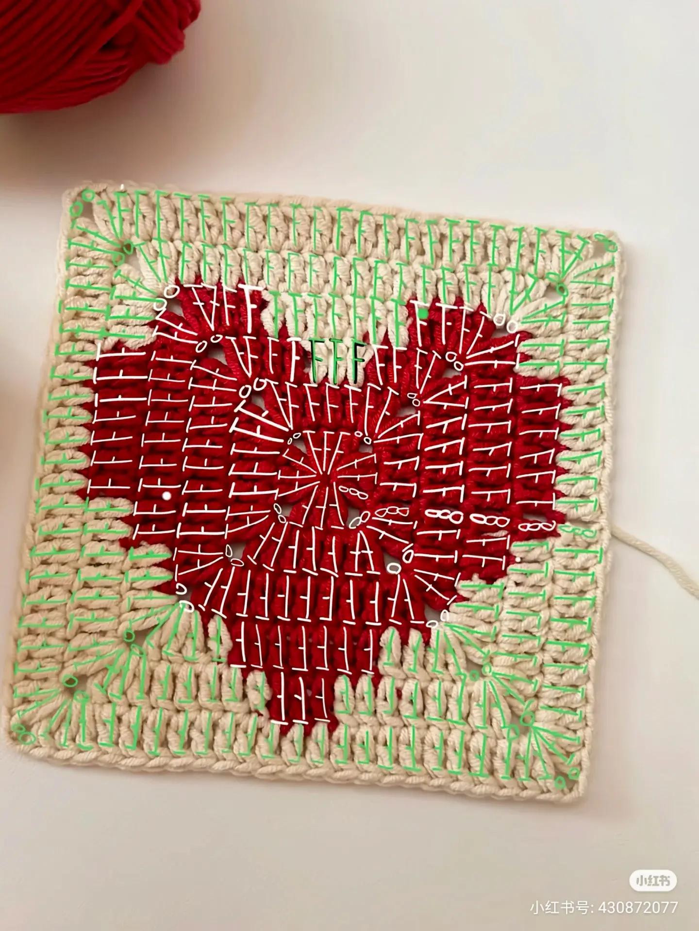 Crochet Red and Cream Heart Granny Square Flat Chart Pattern