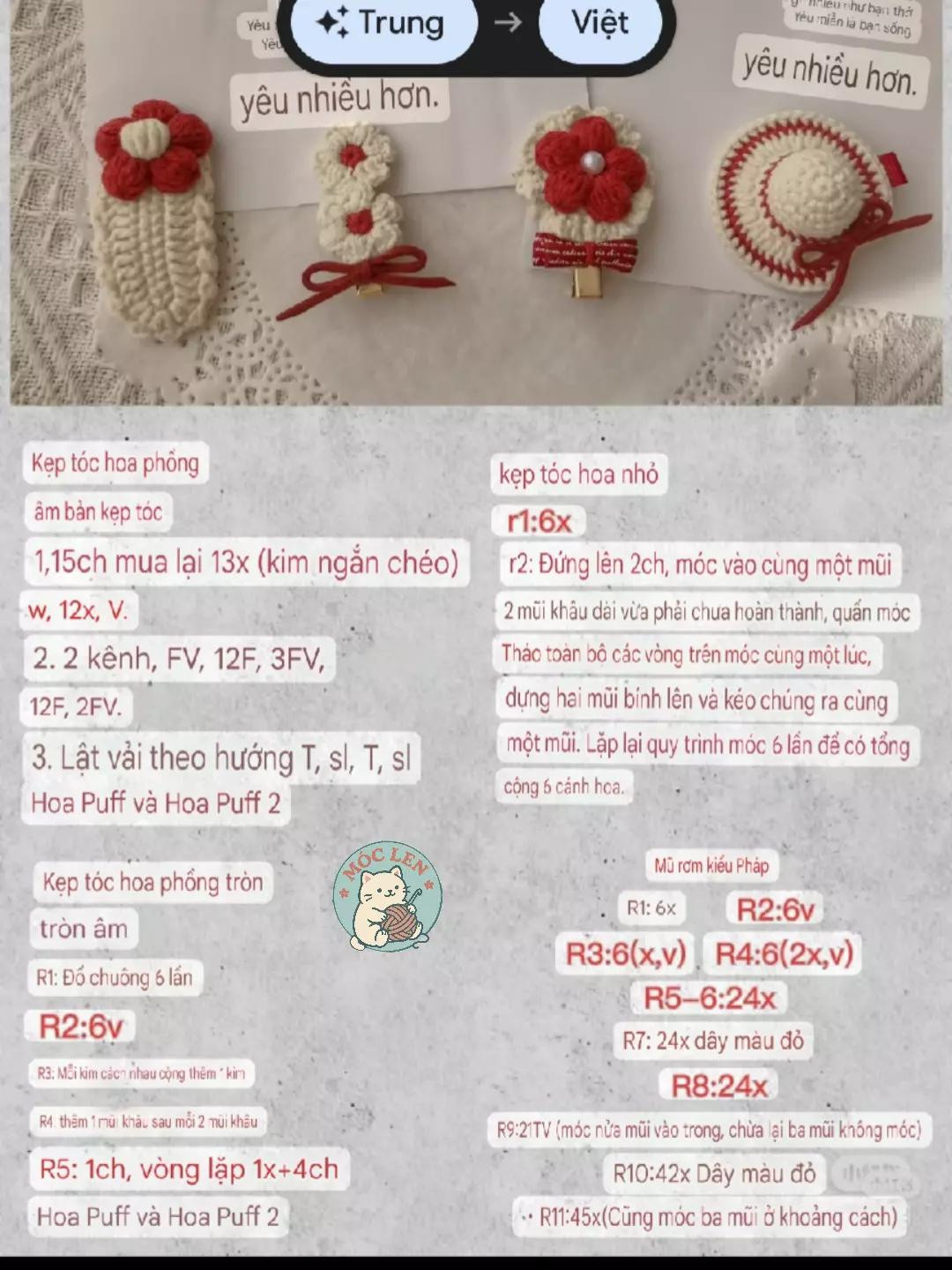 Crochet Red and White Flower Hair Clips Pattern Tutorial