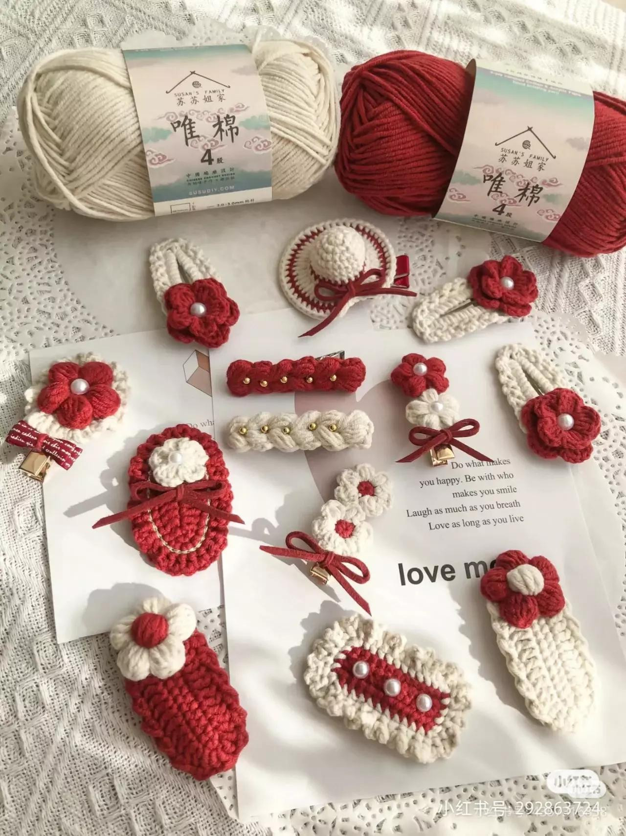 Crochet Red and White Flower Hair Clips Pattern Tutorial