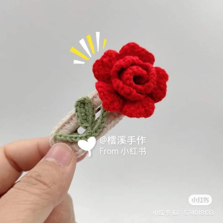 Crochet Red Rose Hair Clip Flat Chart Pattern