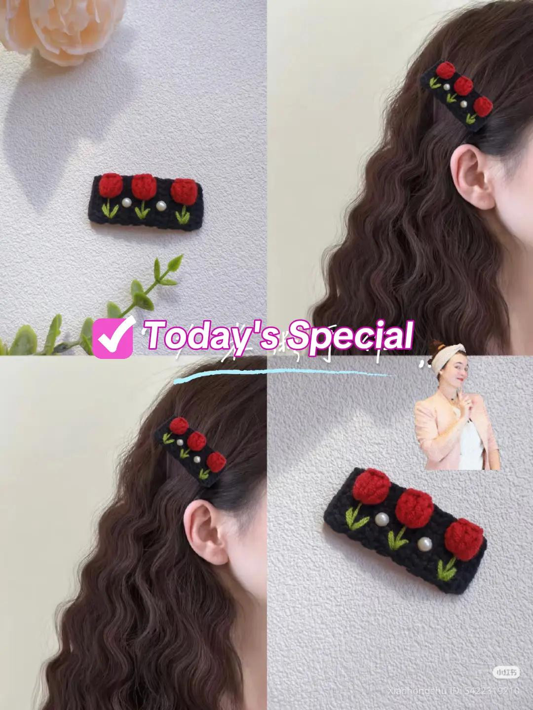 Crochet Red Tulip Hair Clip with Pearls