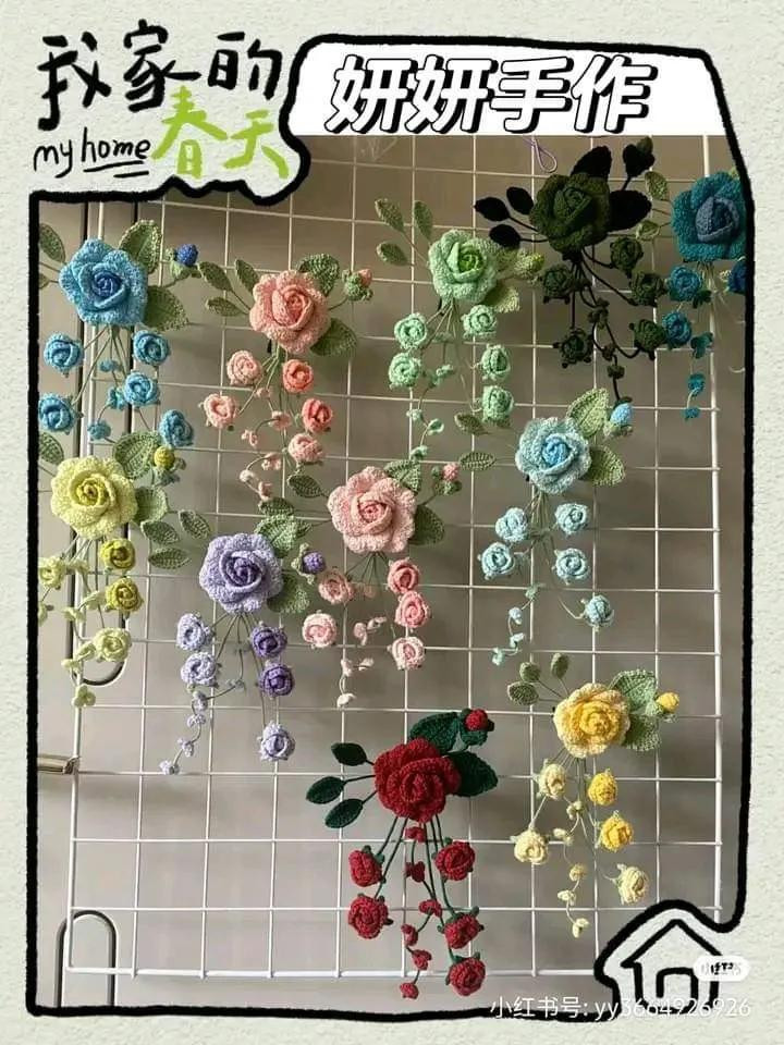 Crochet Rose and Lavender Air Vent Clip Pattern Chart - Multi-color DIY Flower Tutorial