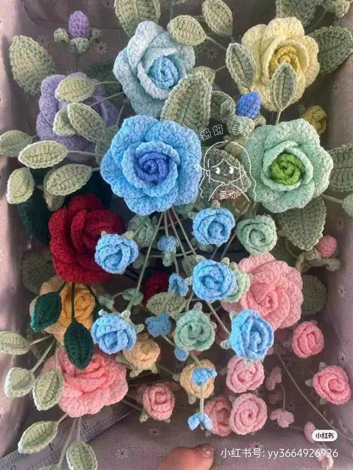 Crochet Rose and Lavender Air Vent Clip Pattern Chart - Multi-color DIY Flower Tutorial