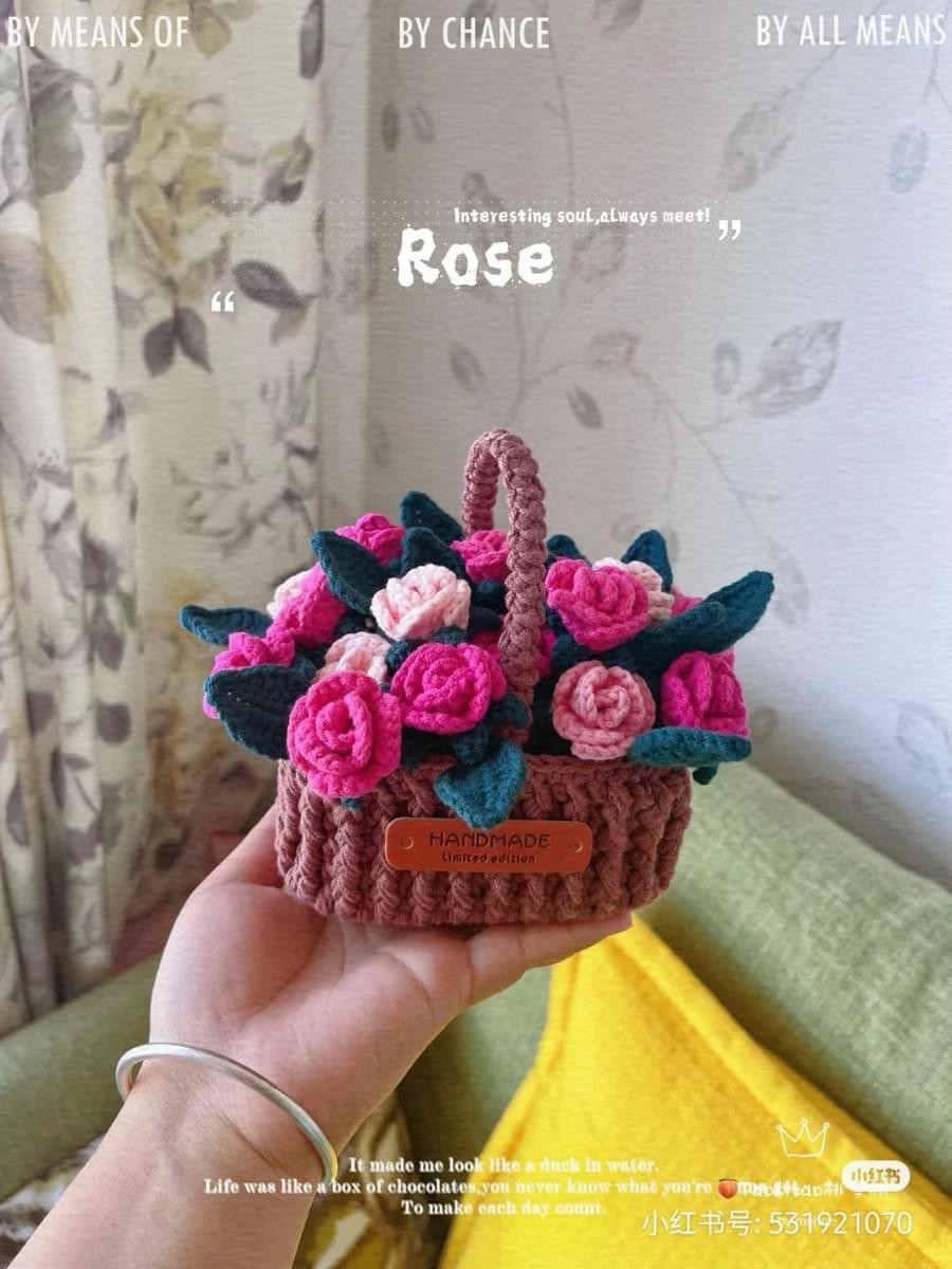 Crochet Rose Flower Basket Car Hanging Pattern Chart