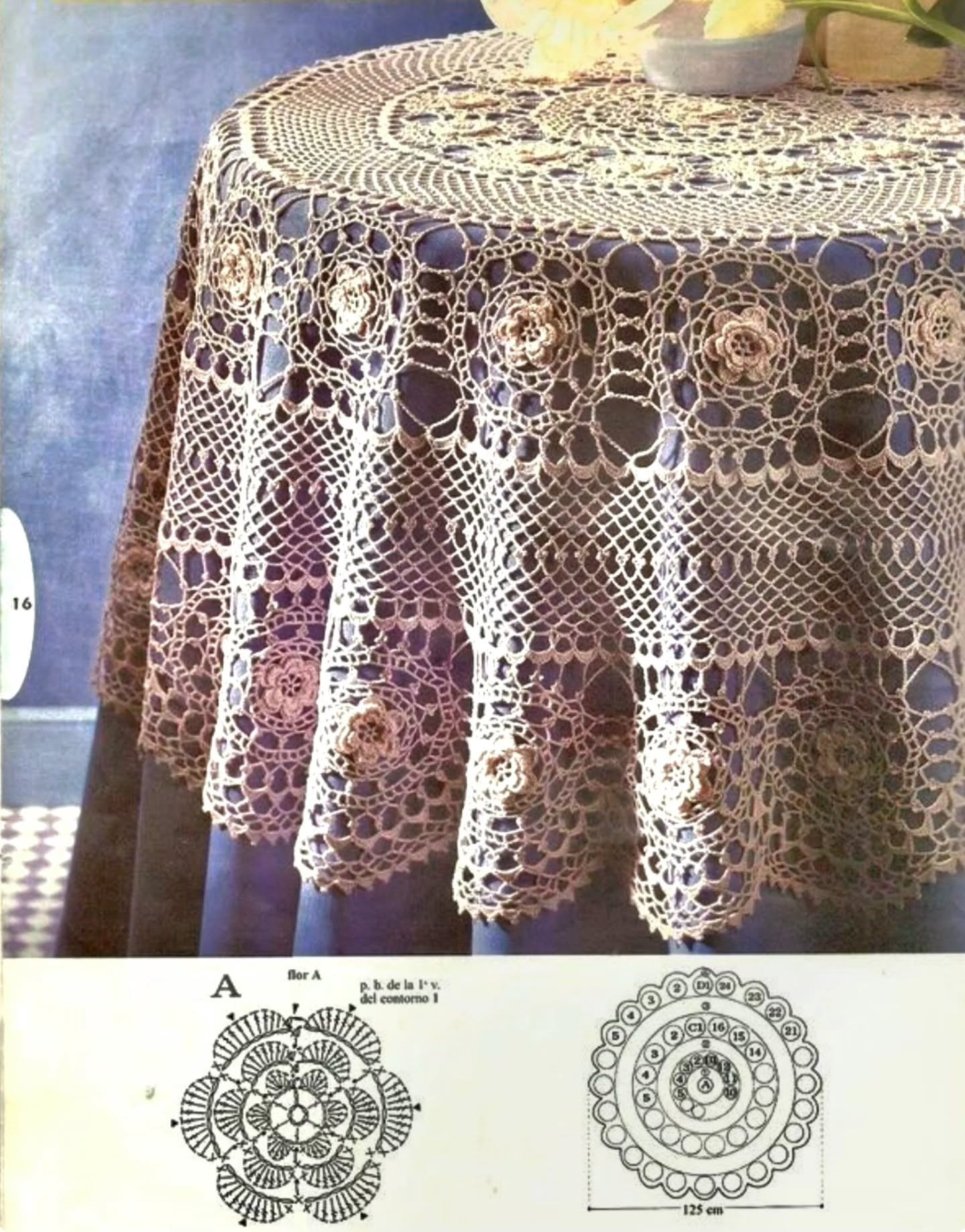 Crochet Round Tablecloth Pattern with Floral Motifs and Lace Edging