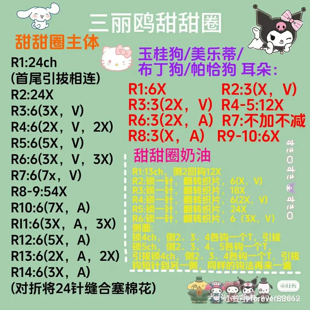 Crochet Sanrio Donut Keychains Pattern Chart - Hello Kitty, Kuromi, Pochacco, My Melody