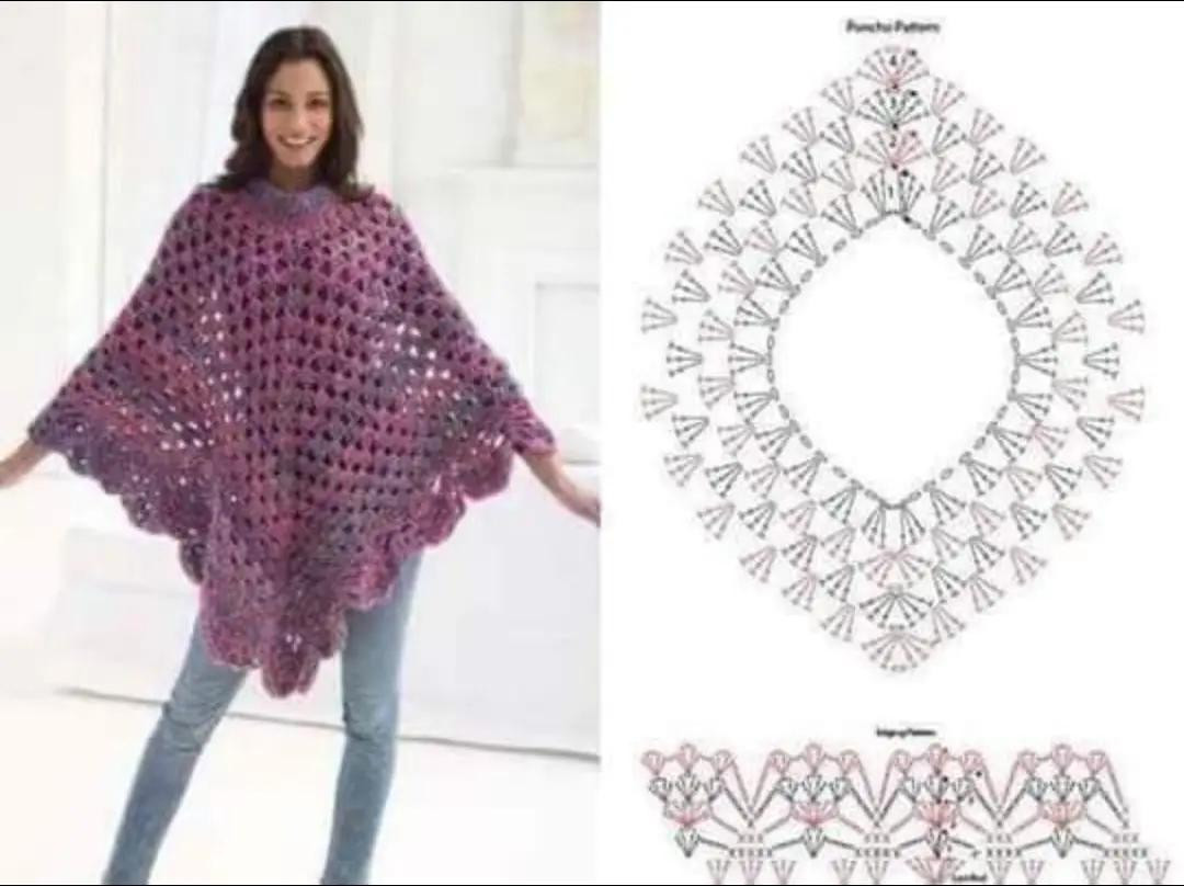 Crochet Shawl Patterns Collection: Purple Poncho, Pink Scarf, Black Flower Lace, Cream Fringe, and Grey Leaf Designs