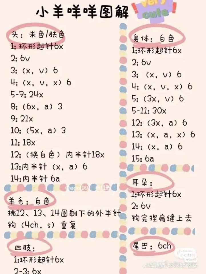 Crochet Sheep Amigurumi Pattern Chart with Color Variations
