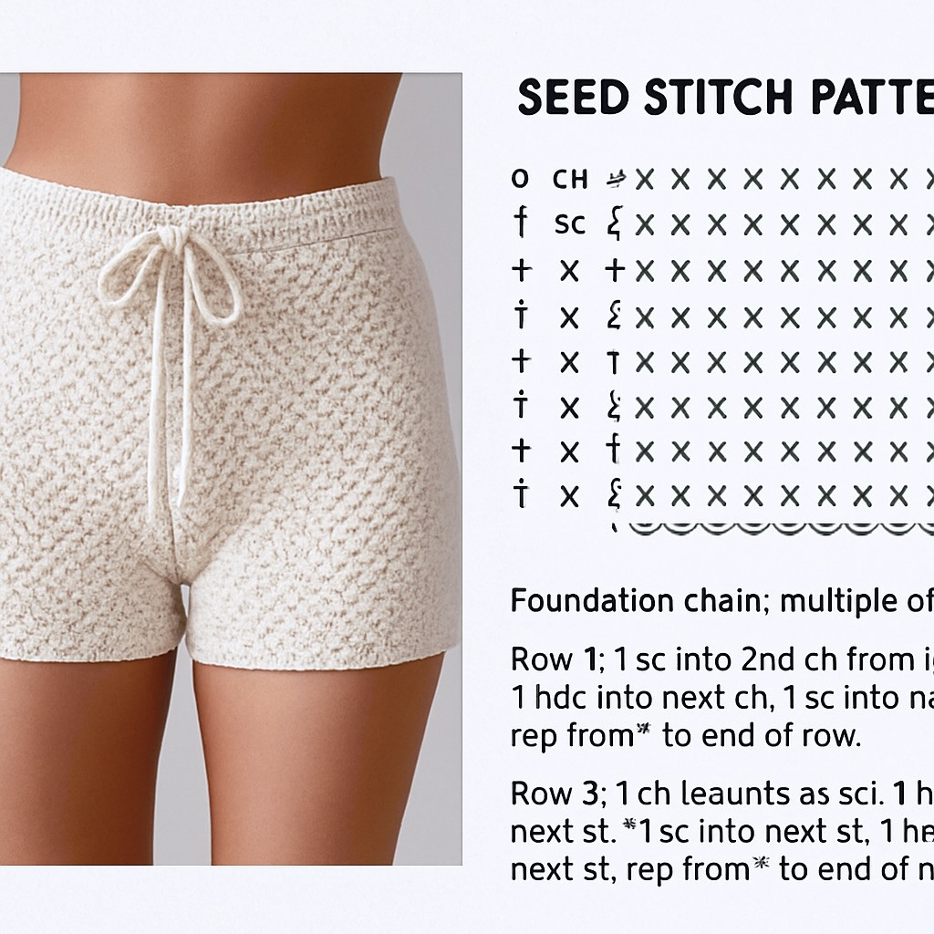 Crochet Shorts Pattern: Cable Stitch and Seed Stitch Charts with Instructions