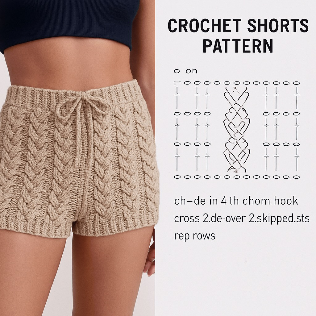 Crochet Shorts Pattern: Cable Stitch and Seed Stitch Charts with Instructions