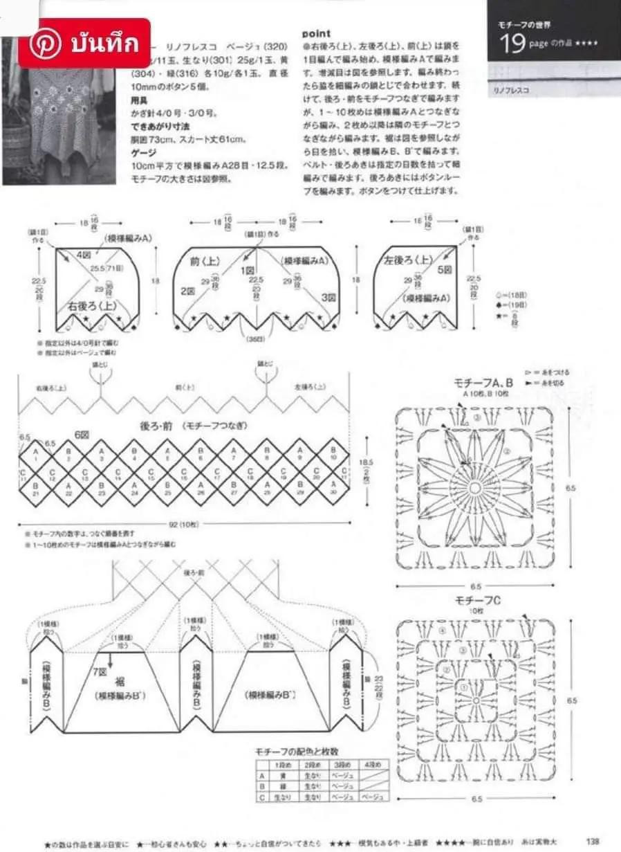 Crochet Skirt Pattern Chart with Daisy Motifs and Assembly Diagram
