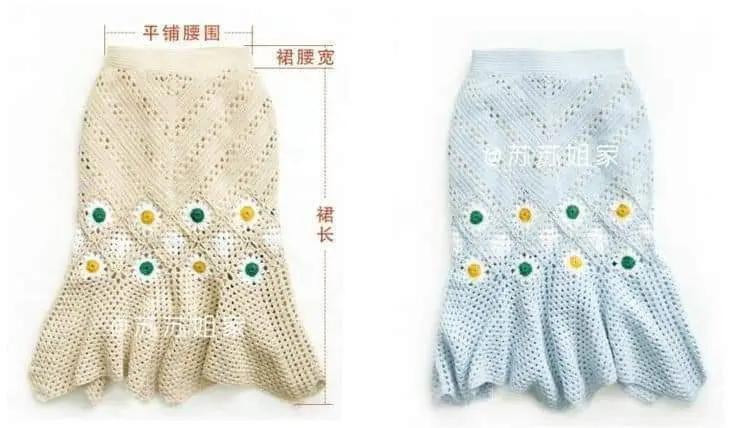 Crochet Skirt Pattern Chart with Daisy Motifs and Assembly Diagram