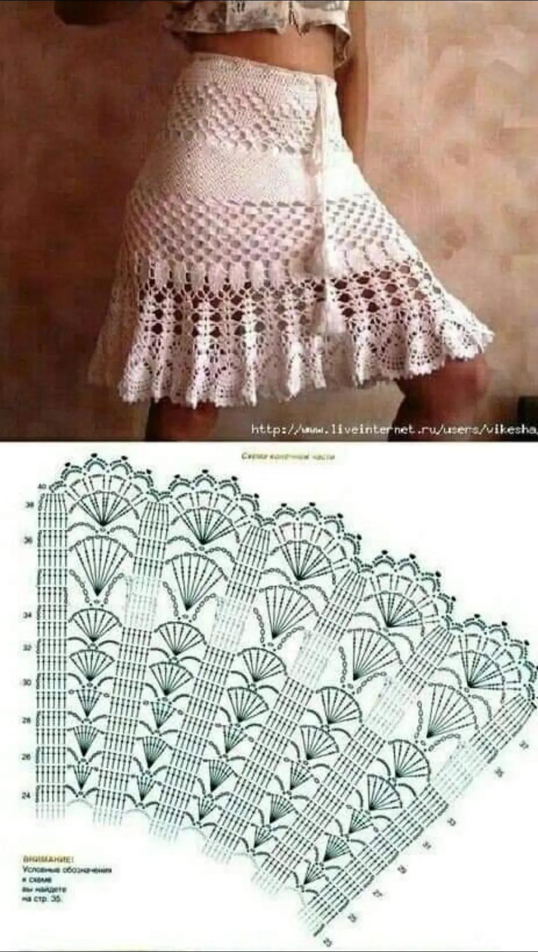 Crochet Skirt Patterns with Charts: White Lace, Fan Stitch, and Pineapple Motifs