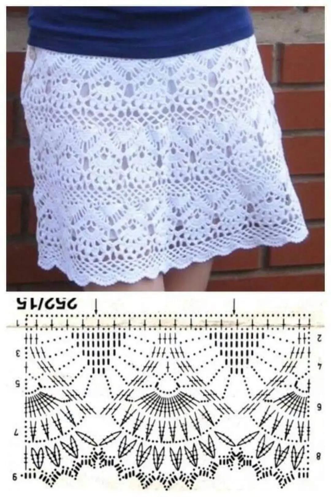 Crochet Skirt Patterns with Charts: White Lace, Fan Stitch, and Pineapple Motifs
