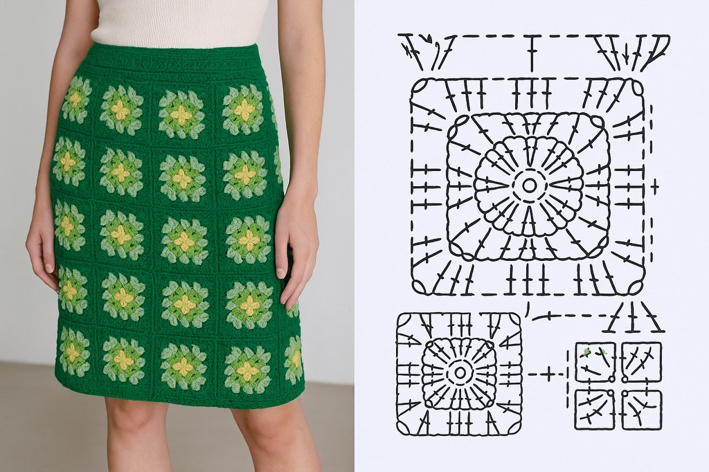 Crochet skirt patterns with floral and shell stitch charts