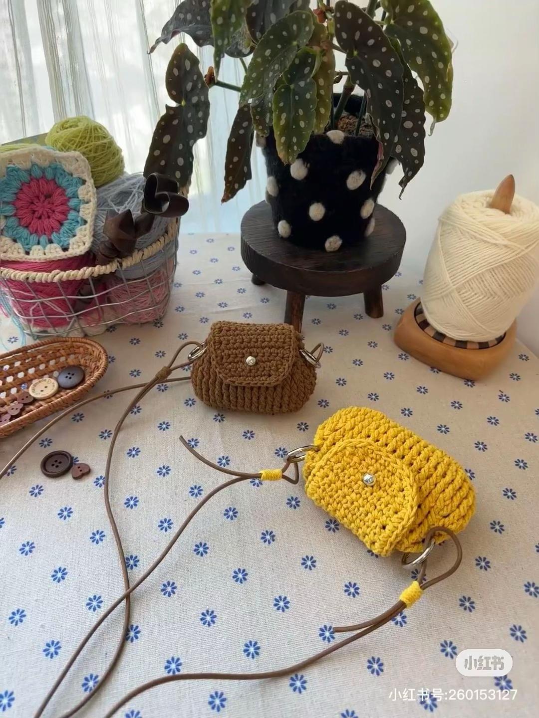 Crochet Small Bean Bag Pattern: Brown and Yellow Mini Crossbody Bag with Pearl Button