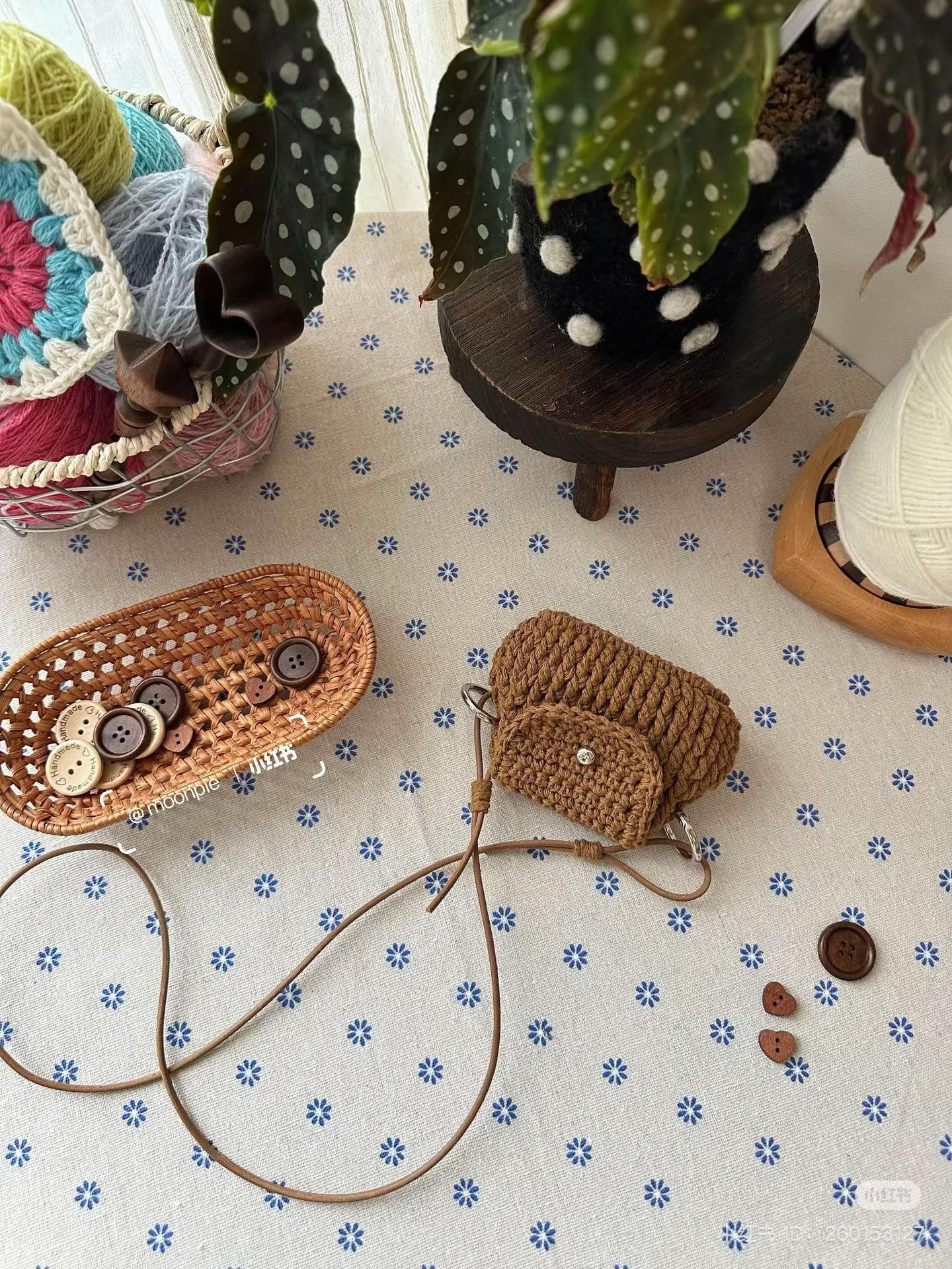 Crochet Small Bean Bag Pattern: Brown and Yellow Mini Crossbody Bag with Pearl Button
