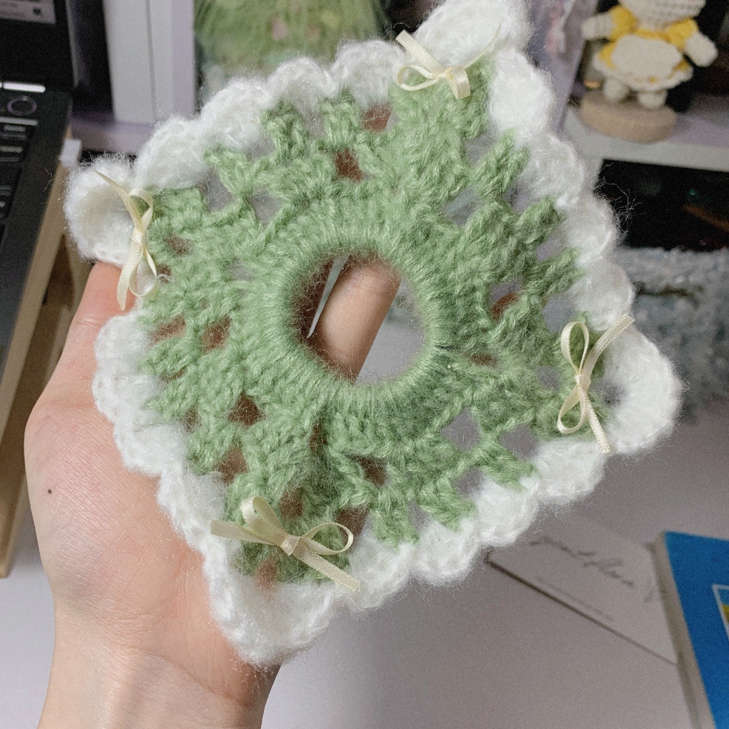 Crochet Square Hair Scrunchie Pattern: Pink and Green Moss Yarn Tutorial
