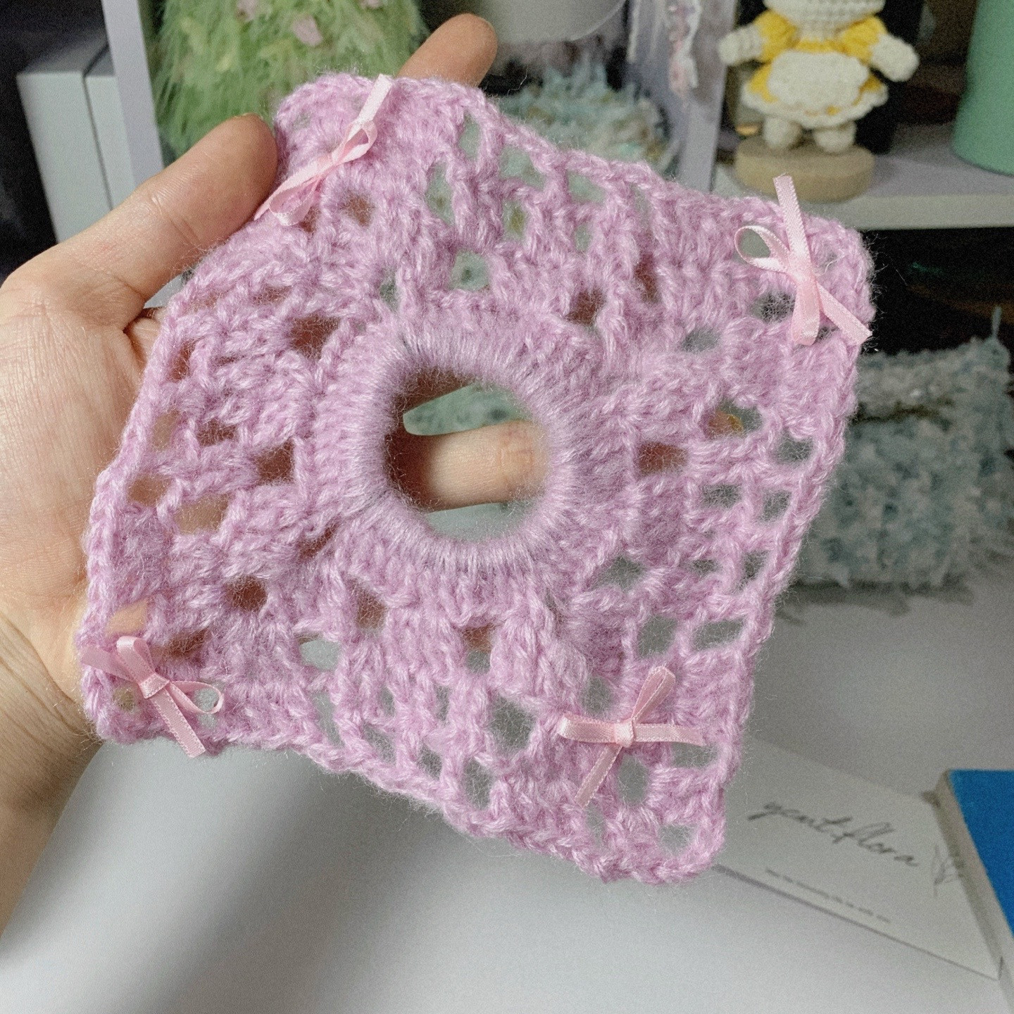 Crochet Square Hair Scrunchie Pattern: Pink and Green Moss Yarn Tutorial