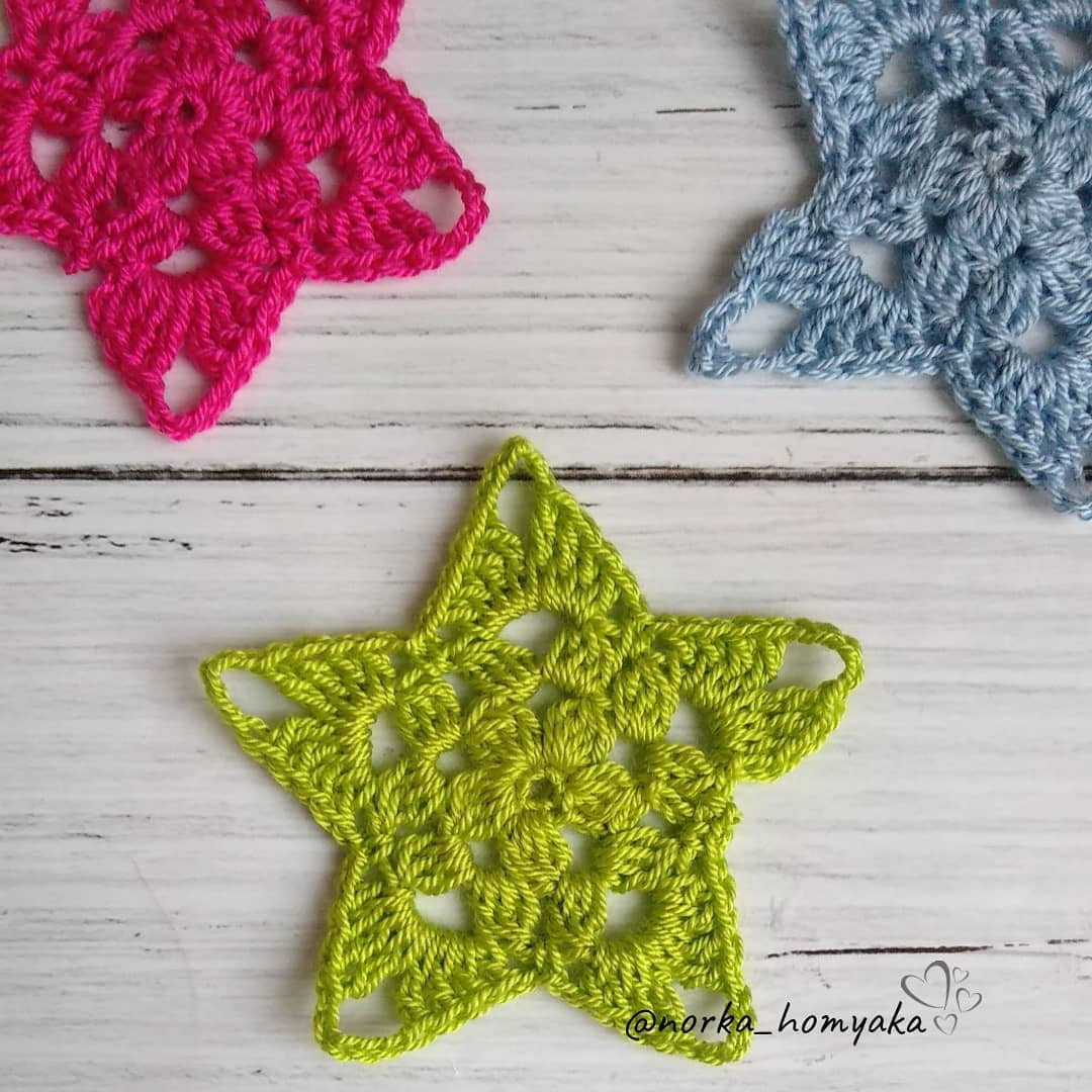 Crochet Star Flat Chart Pattern with Pink, Blue and Lime Green Examples