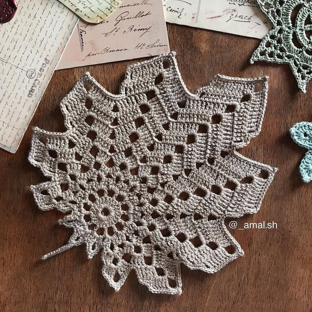 Crochet Star Leaf Doily Pattern Chart and Finished Samples in Green, Beige, and Grey