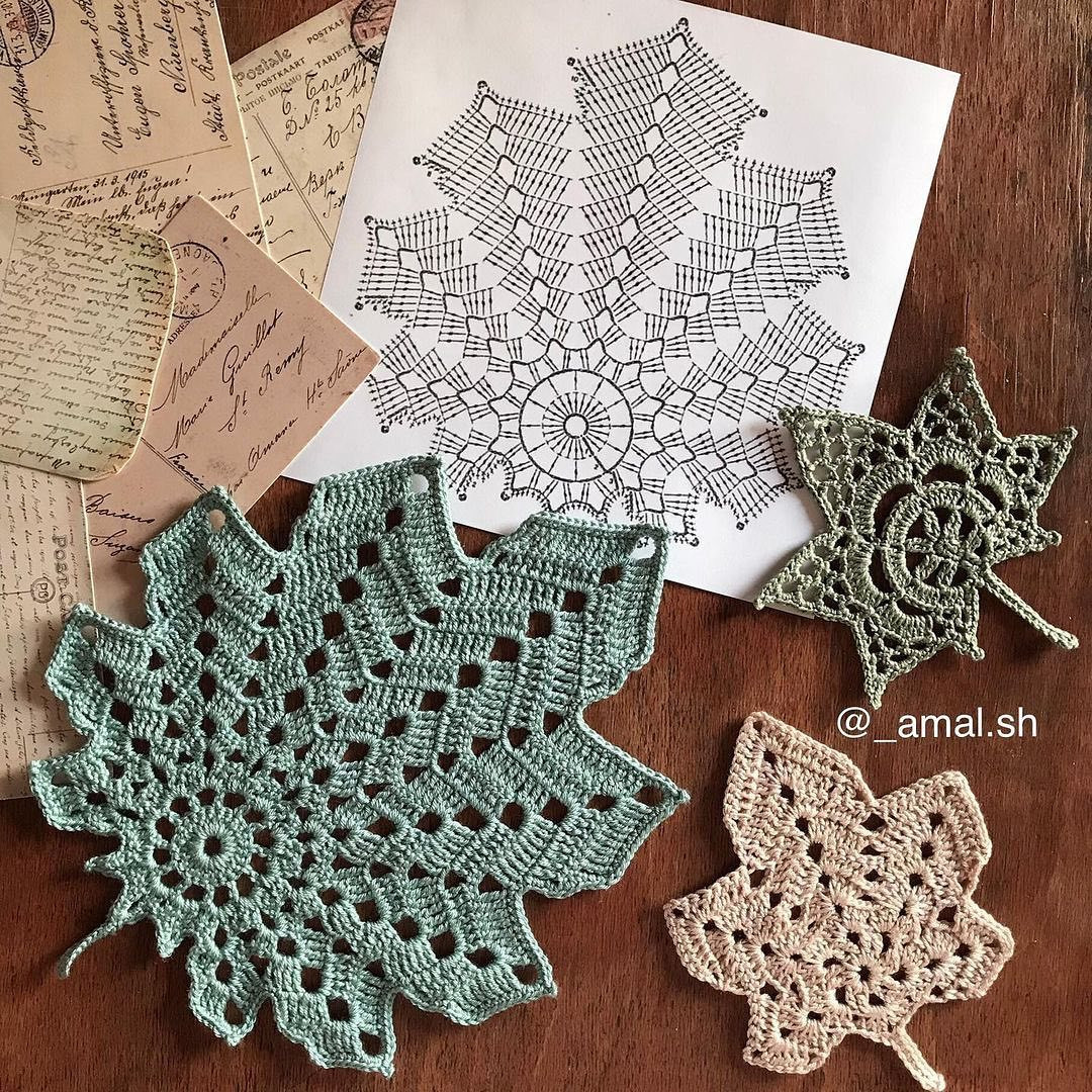Crochet Star Leaf Doily Pattern Chart and Finished Samples in Green, Beige, and Grey