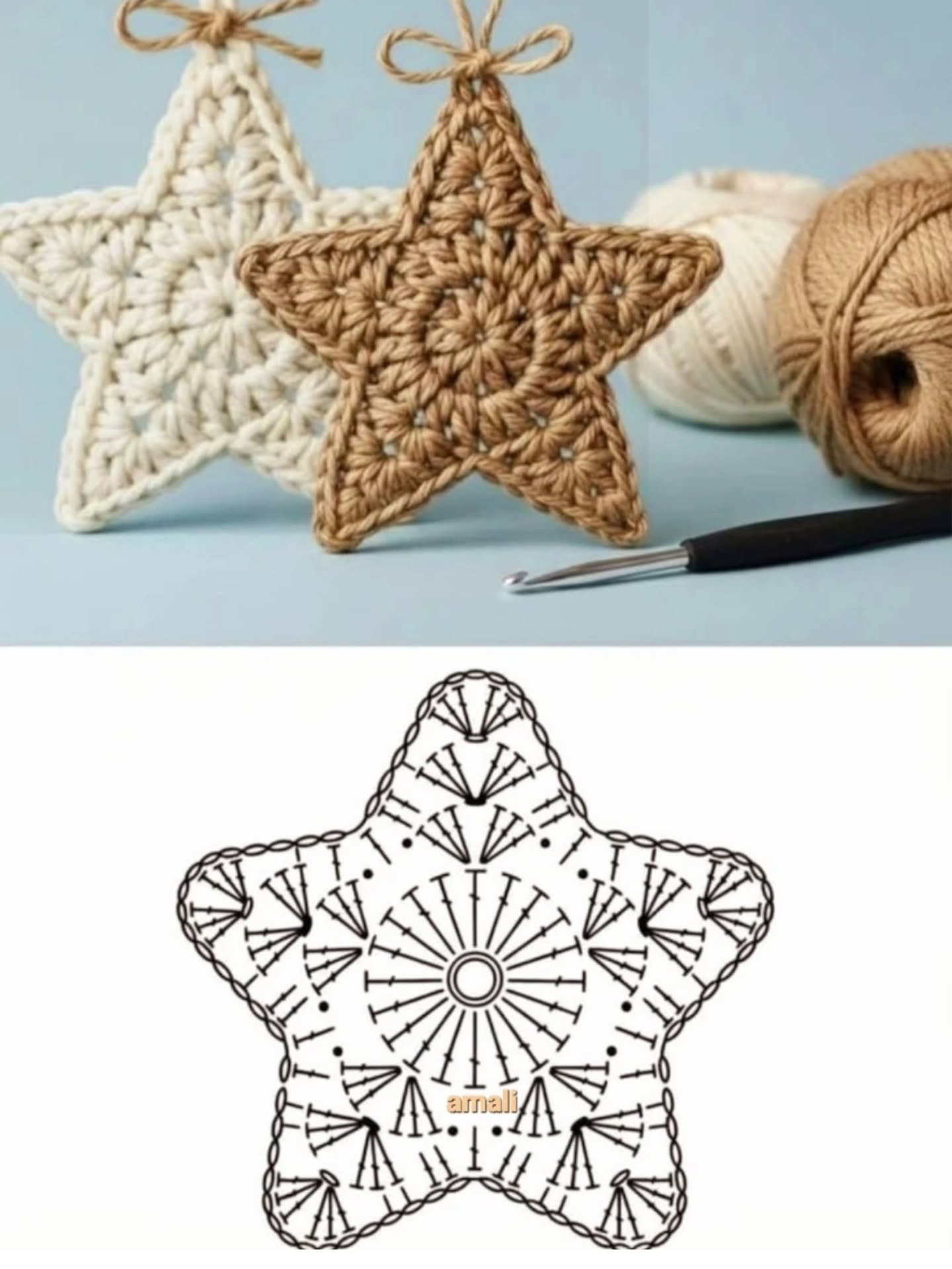 Crochet Star Ornament Flat Chart Pattern with Beige and White Yarn
