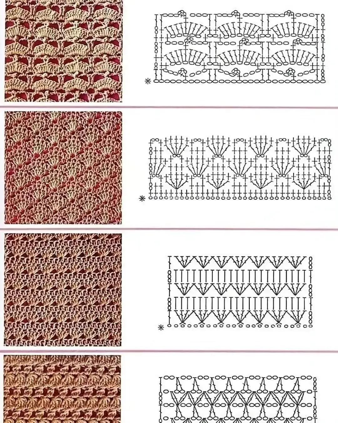 Crochet stitch patterns and charts for bags, featuring shell, fan, and textured designs with detailed diagrams