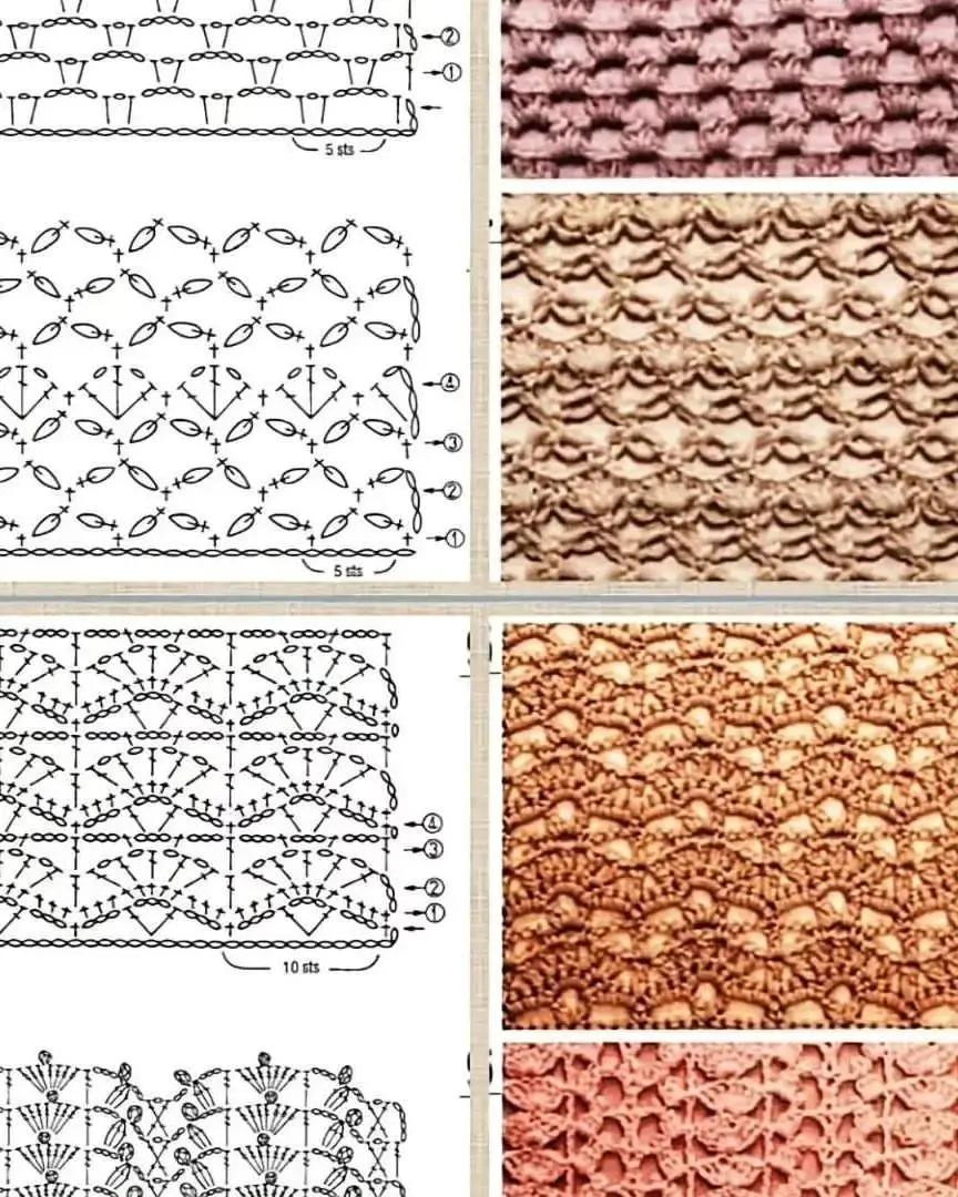 Crochet stitch patterns and charts for bags, featuring shell, fan, and textured designs with detailed diagrams