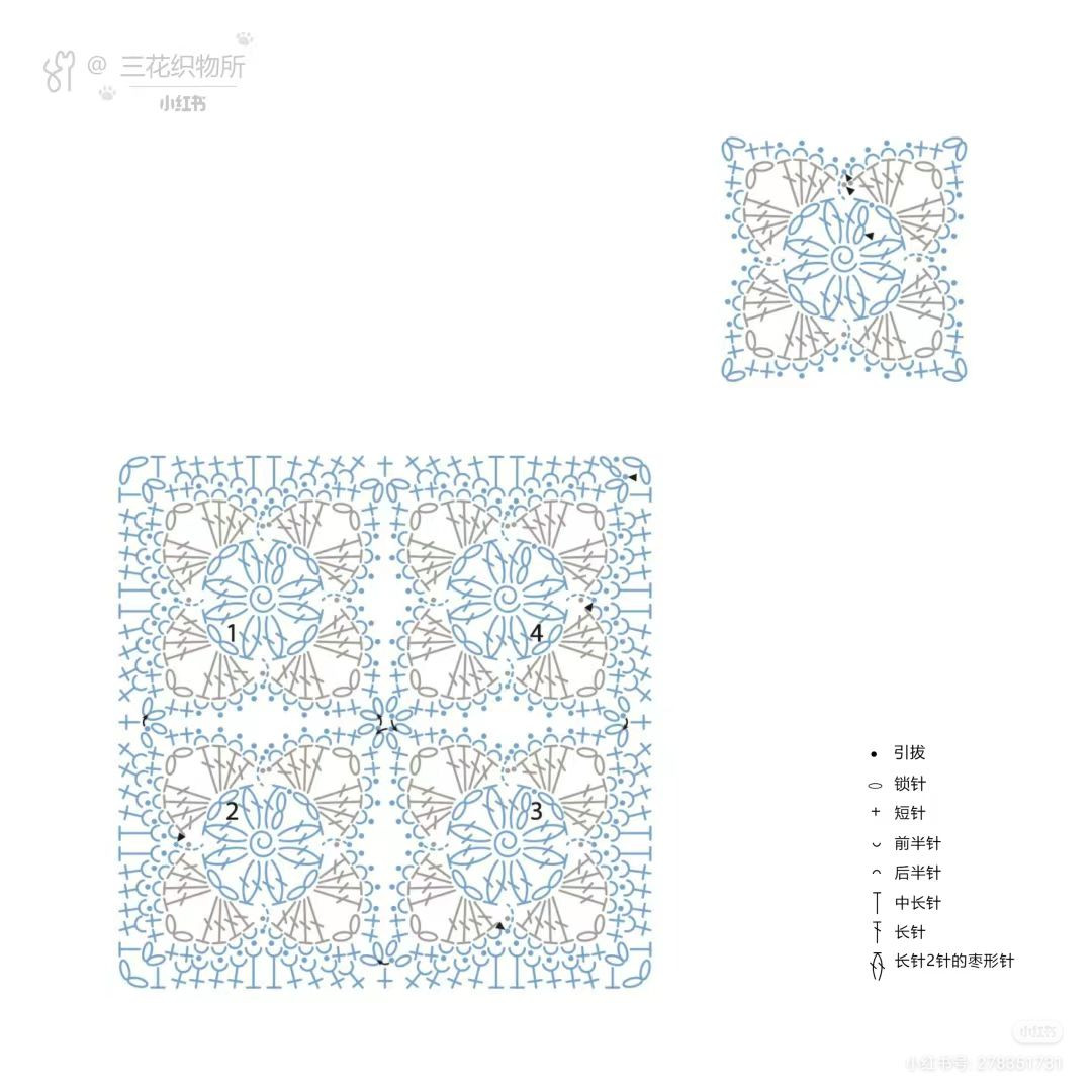 Crochet Strawberry and Flower Granny Square Flat Charts with Yarn Colors