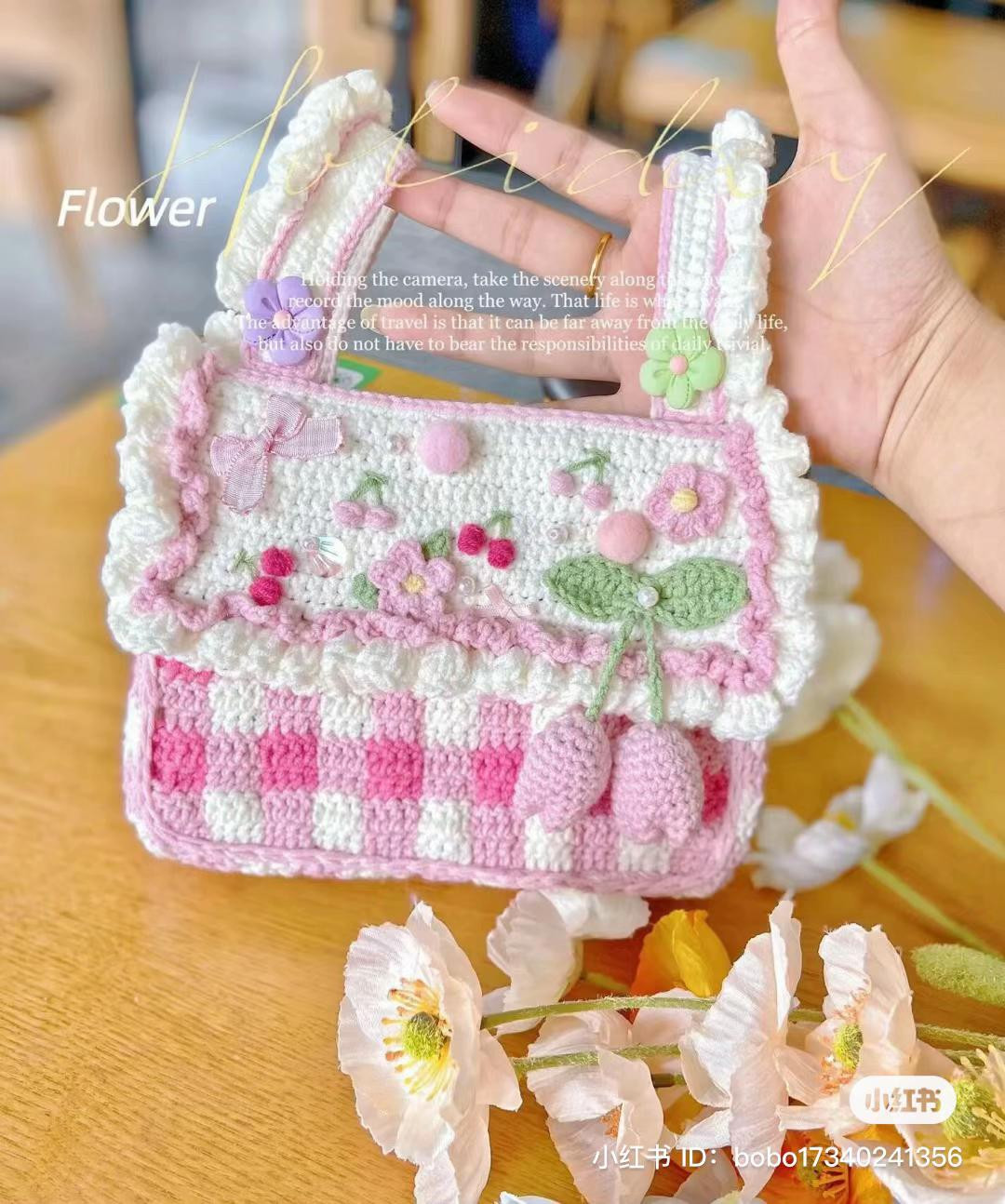 Crochet Strawberry Bag Pattern with Ruffles and Cherry Blossom Design