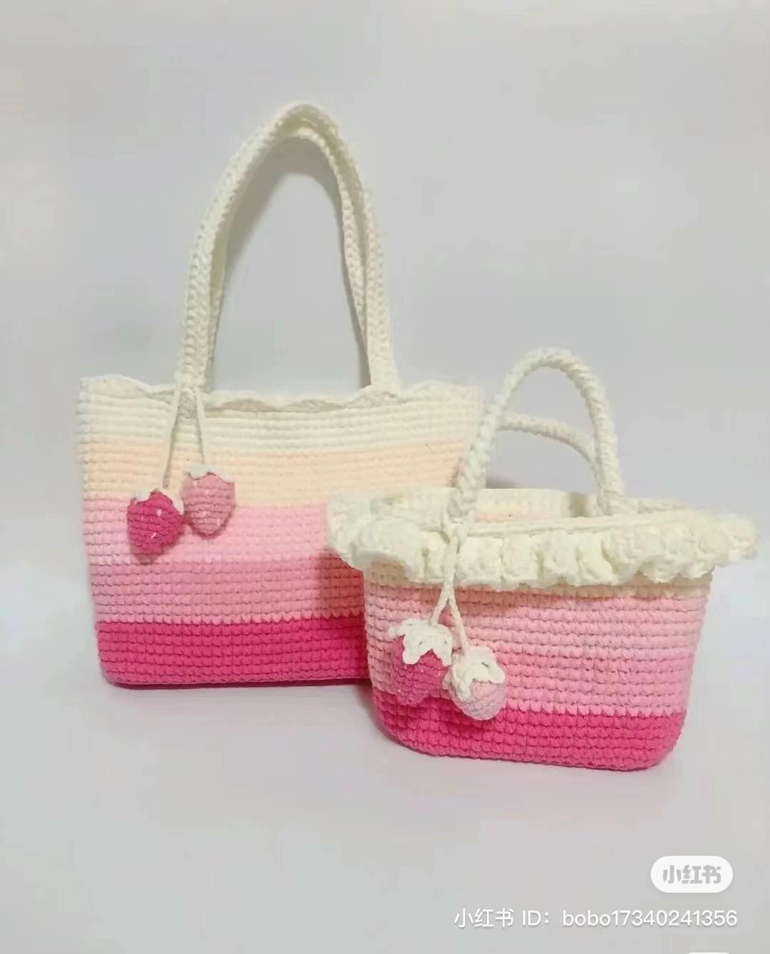Crochet Strawberry Bag Pattern with Ruffles and Cherry Blossom Design
