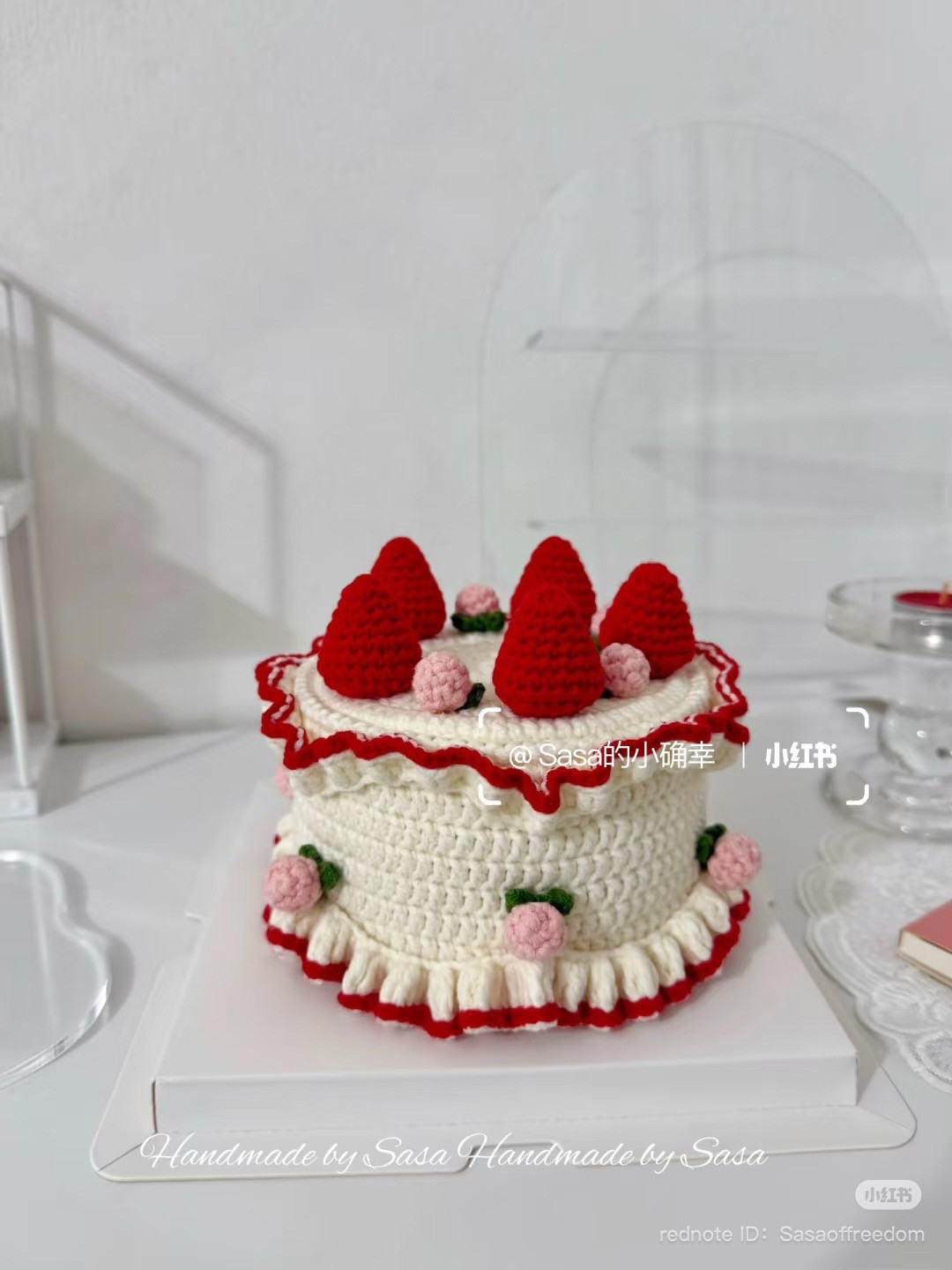Crochet Strawberry Cake Chart with Red and White Yarn