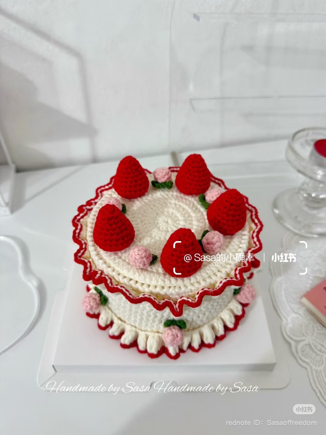 Crochet Strawberry Cake Chart with Red and White Yarn